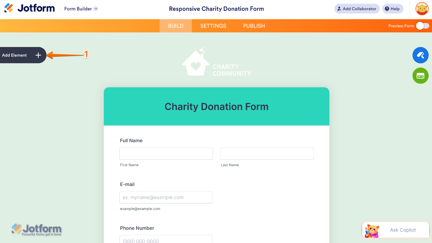 Form Builder highlighting the Add Element button on the left sidebar
