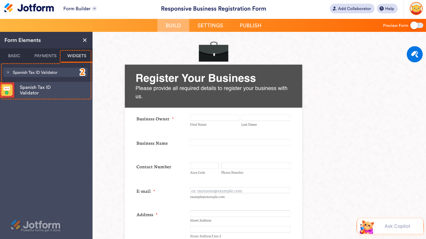 Form Builder Widgets tab showing the Spanish Tax ID Validator widget in the search results