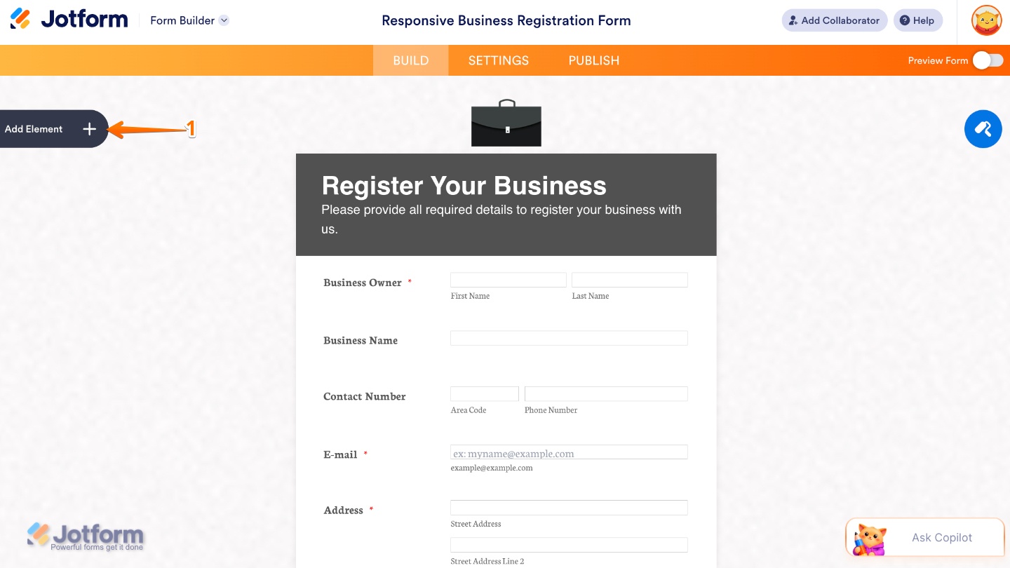Form Builder highlighting the Add Element button on the left sidebar