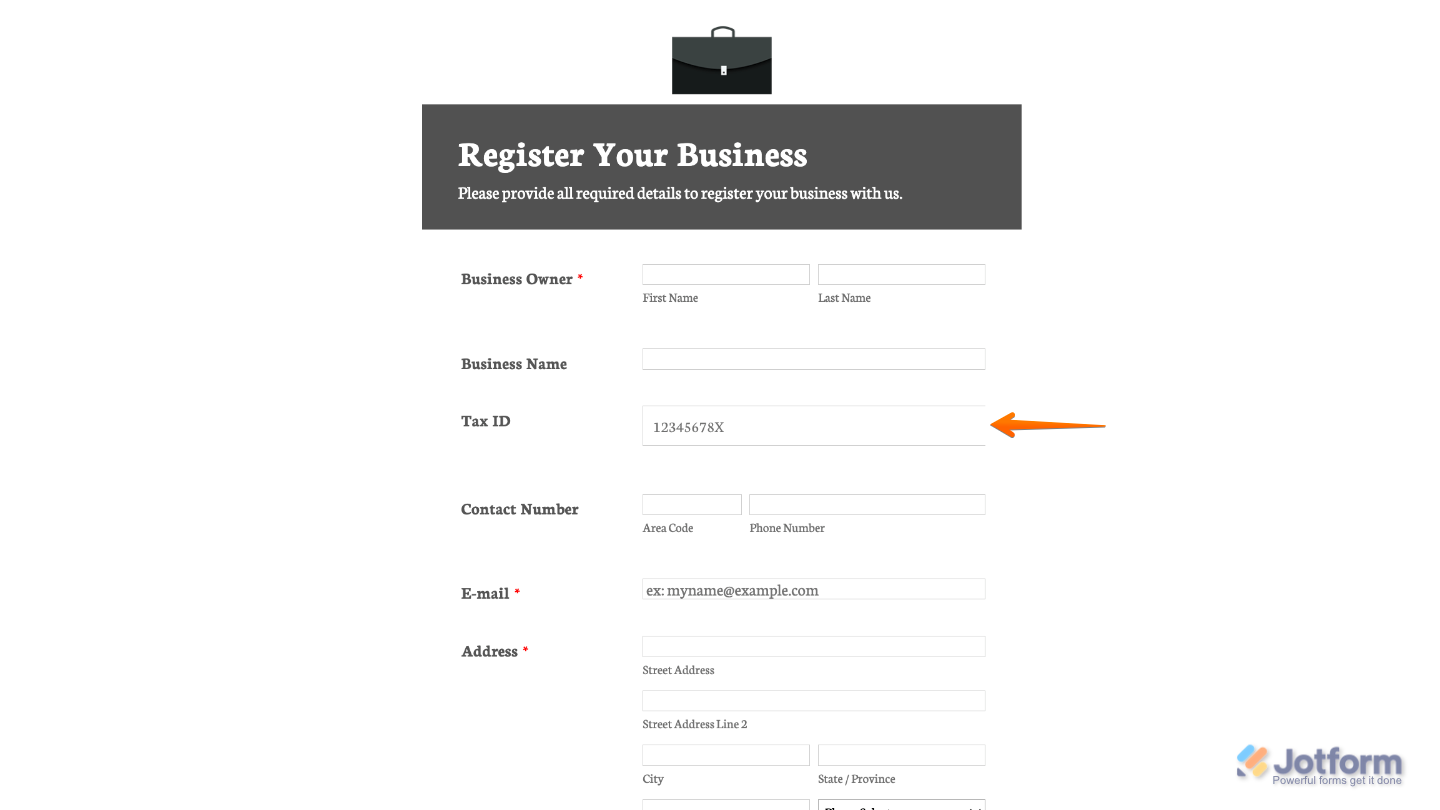 Spanish Tax ID Validator widget shown in a sample form with a field for entering and validating Spanish Tax Identification Numbers