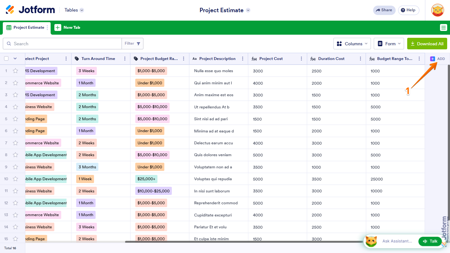 Add new column in Jotform Tables