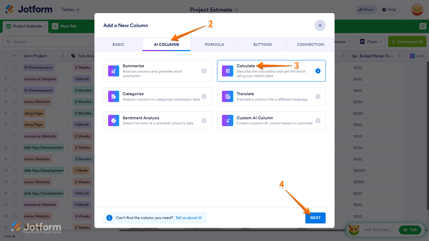 Calculate option in the AI Columns of the Add a New Column window in Jotform Tables