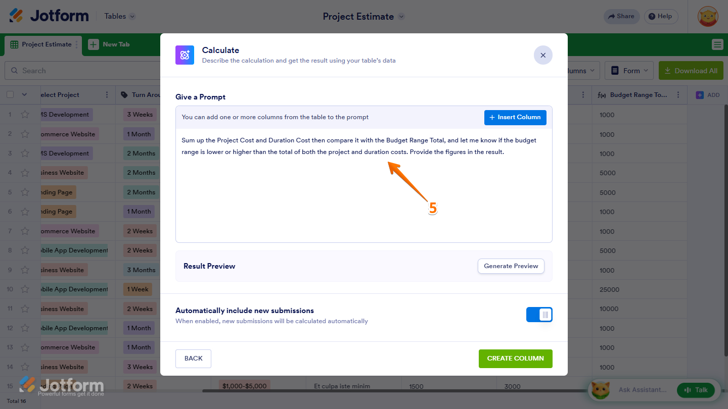 Give a Prompt section in the Calculate AI Column settings