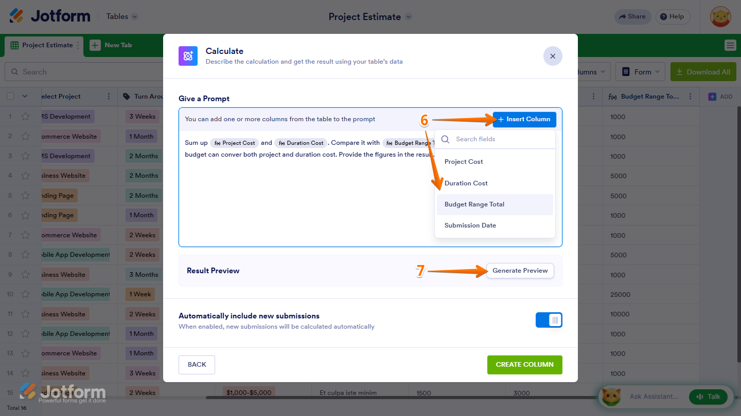 Insert Column and Generate Preview buttons in the Calculate AI Column settings