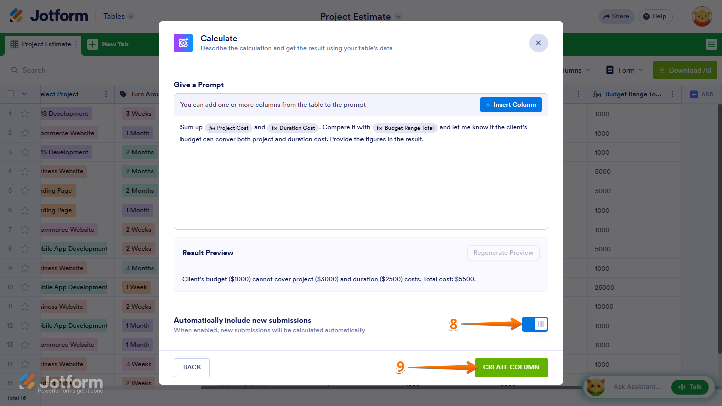Automatically include new submissions toggle and Create Column button in the Calculate AI Column settings
