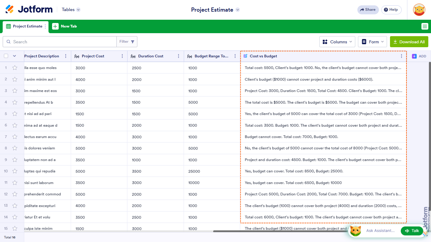 Calculate AI Column added in Jotform Tables
