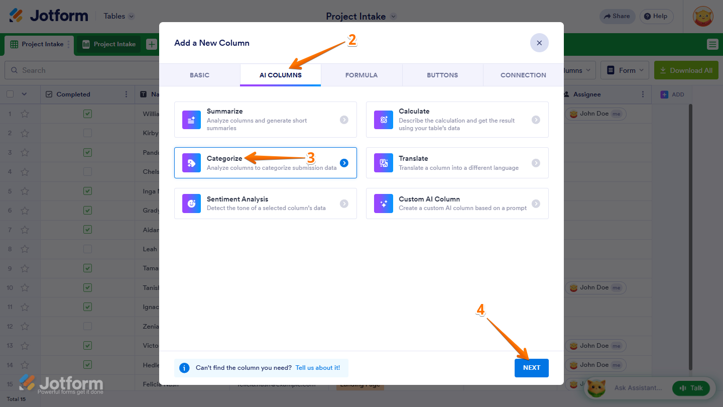 Categorize option in AI Columns in the Add a New Column window of Jotform Tables