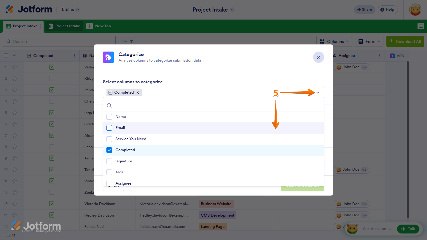 Select columns to categorize dropdown menu in the Categorize AI Column settings