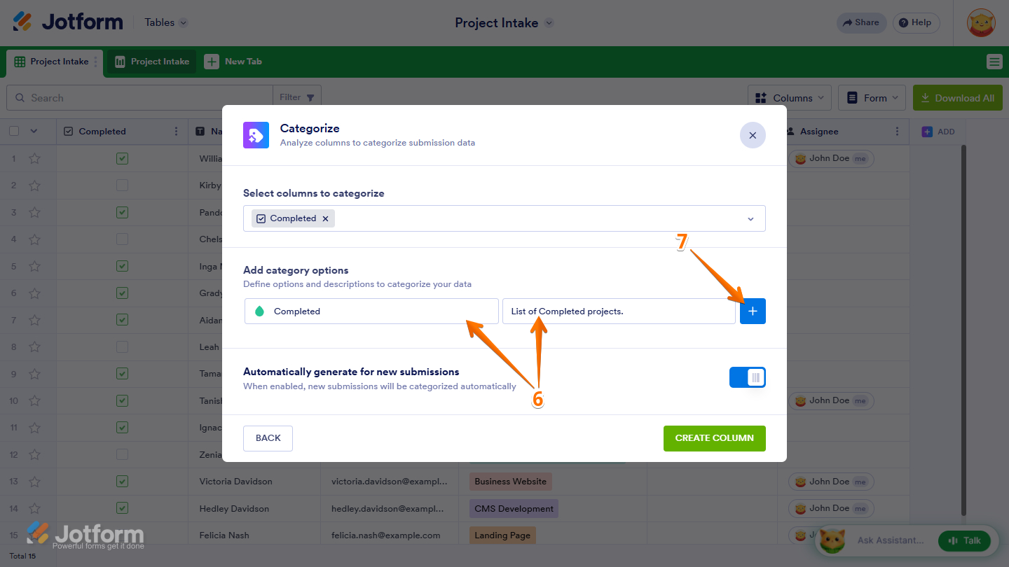 Add Category Options in the Categorize AI Column settings