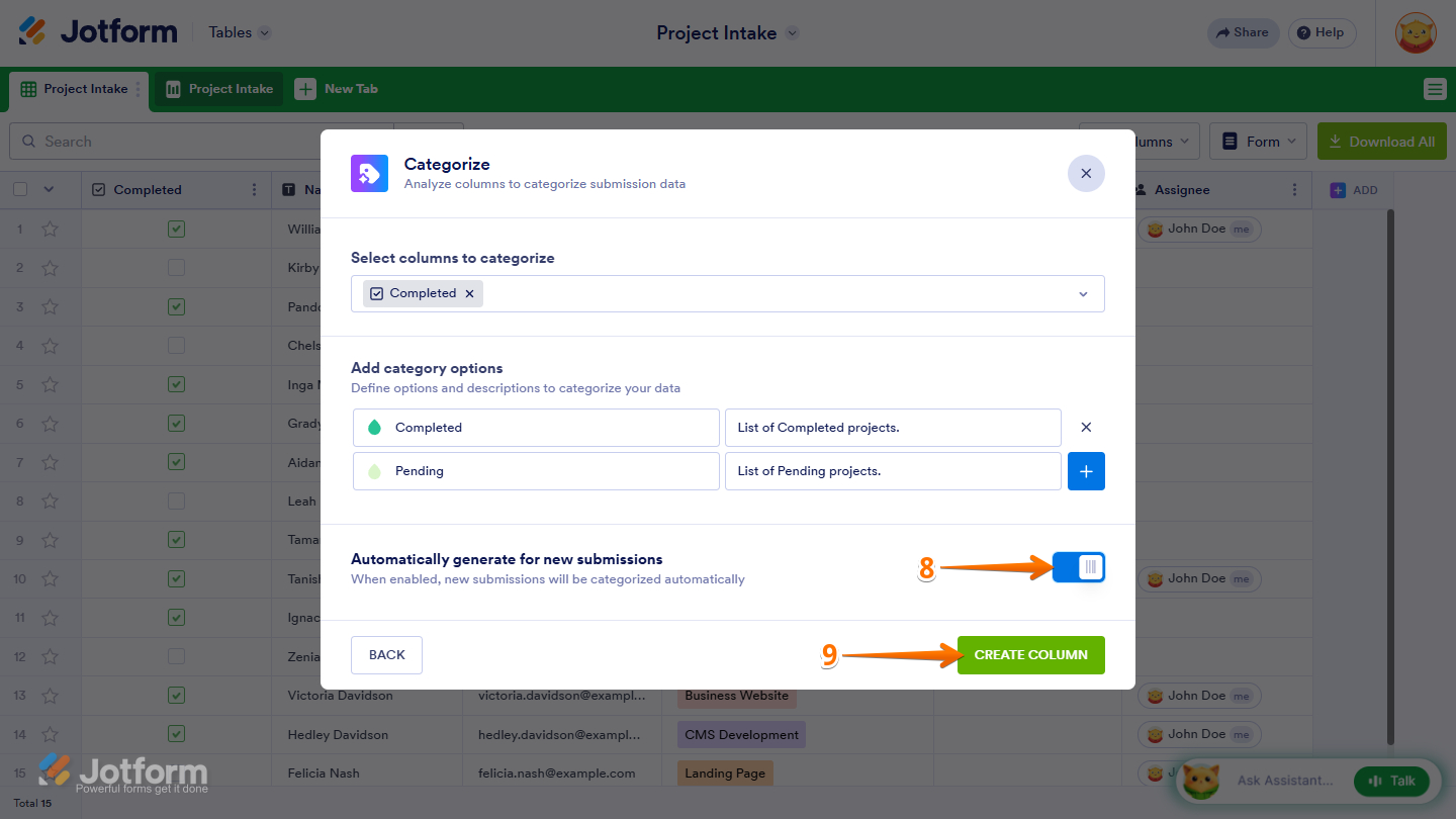 Automatically Generate for New Submissions option and Create Column button in the Categorize AI Column settings