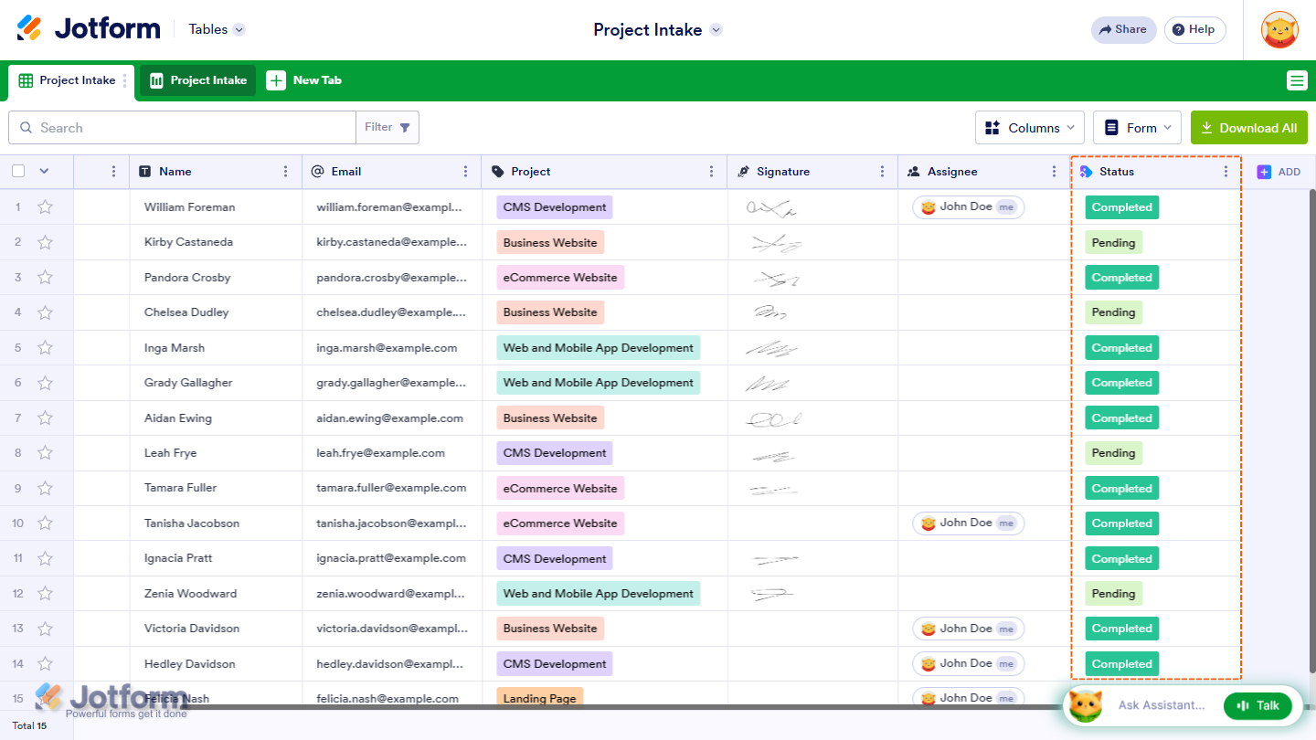 Category column added in Jotform Tables