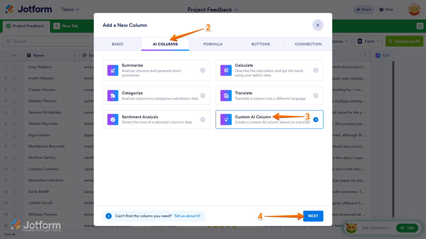 Custom AI Column in the Add a New Column window of Jotform Tables