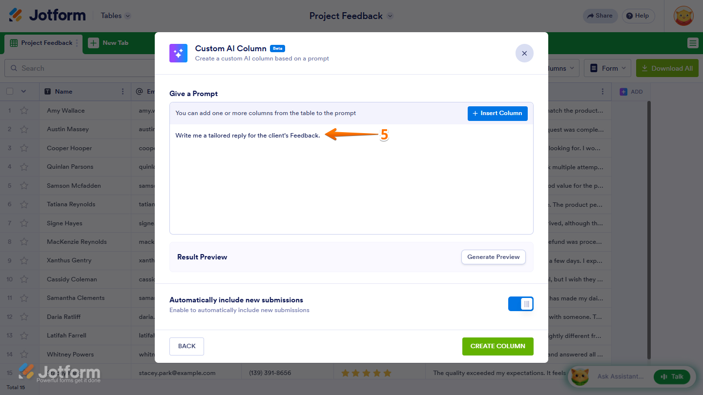 Give a Prompt box in the Custom AI Column settings