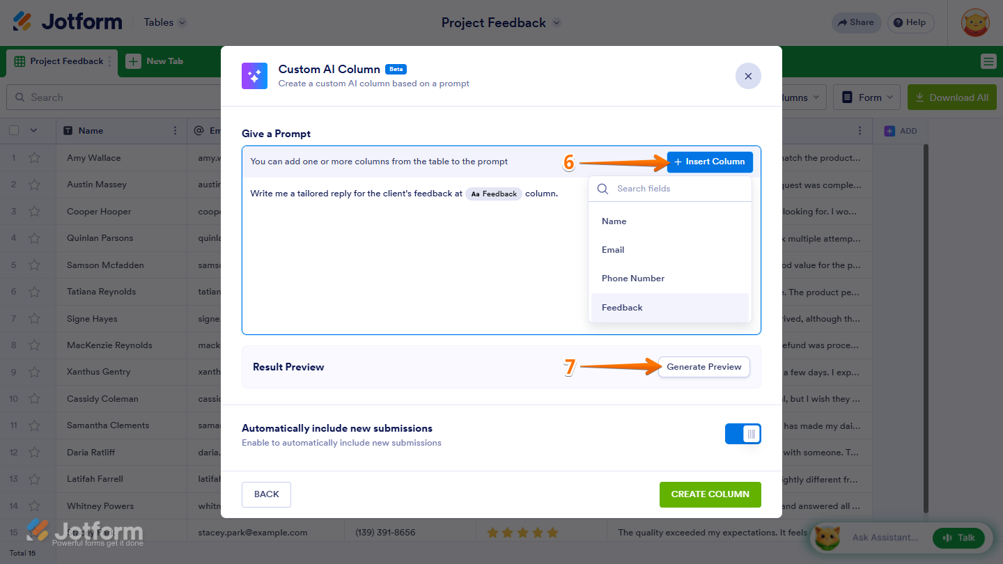 Insert Column and Generate Preview buttons in the Custom AI Column settings