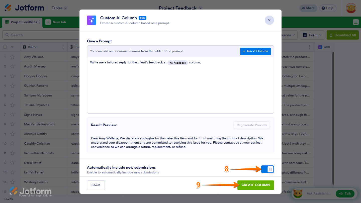 Automatically Include New Submissions toggle and Create Column button in the Custom AI Column settings