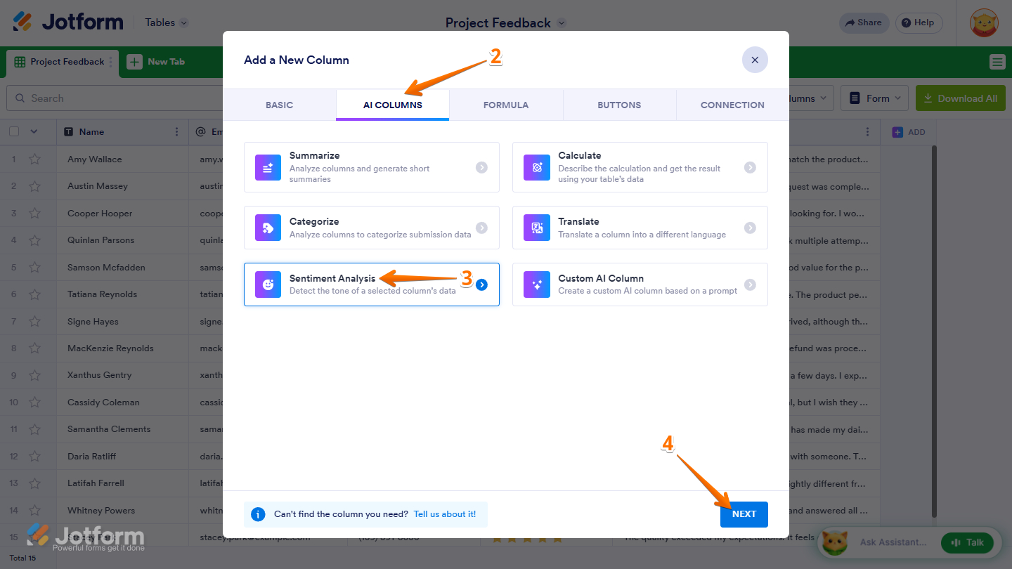 Sentiment Analysis option in the Add a New Column window in Jotform Tables