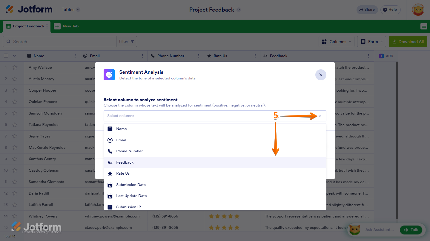 Select column to analyze sentiment dropdown menu in the Sentiment Analysis AI Column settings