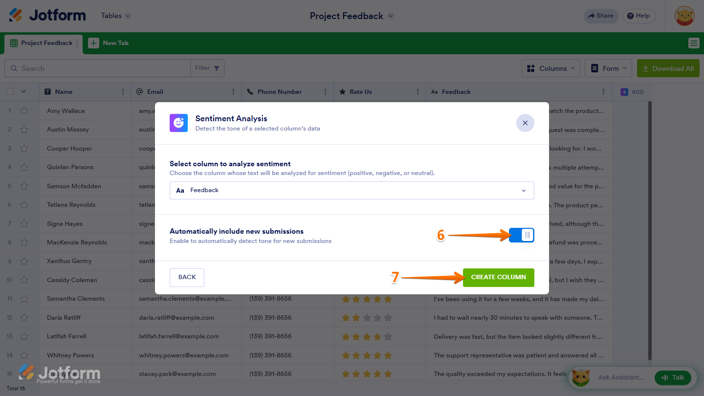 Automatically Include New Submission option and Create Column button in the Sentiment Analysis AI Column settings