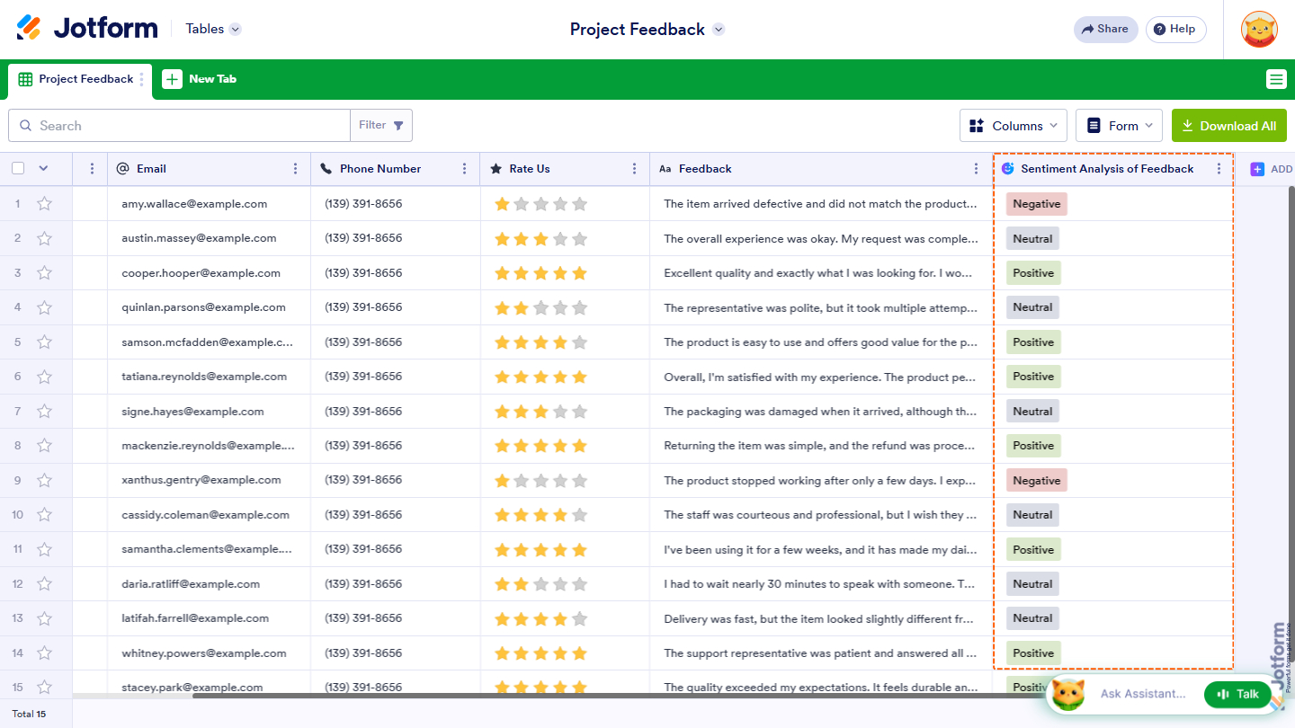 Sentiment Analysis column added in Jotform Tables