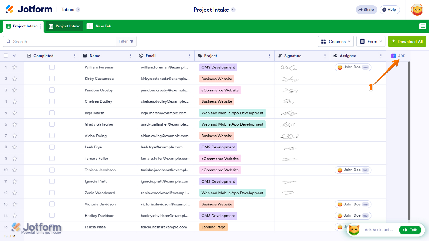 Add button in Jotform Tables