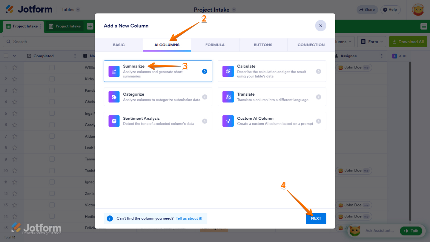 Summarize option in AI Columns in the Add a New Column window of Jotform Tables