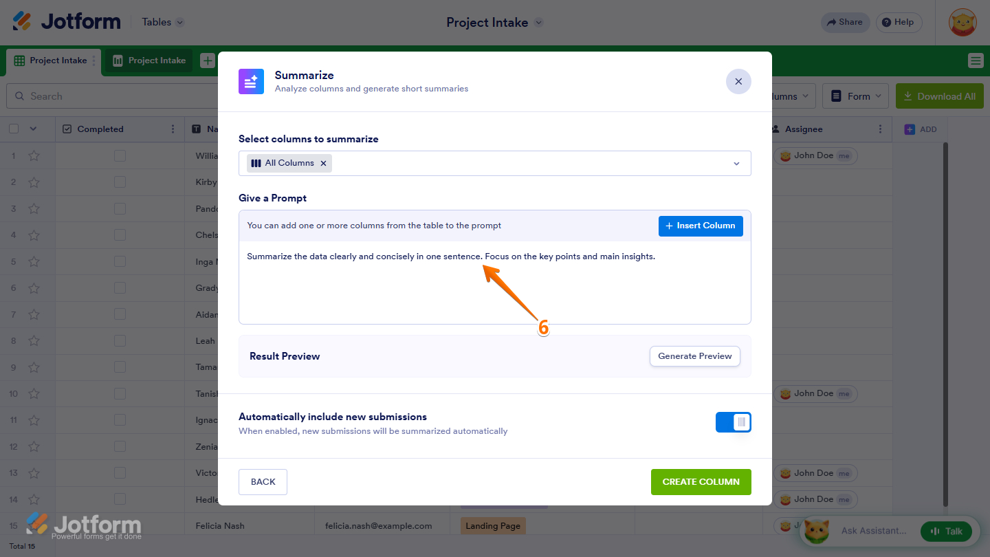 Give a Prompt box in the Summarize AI Column settings