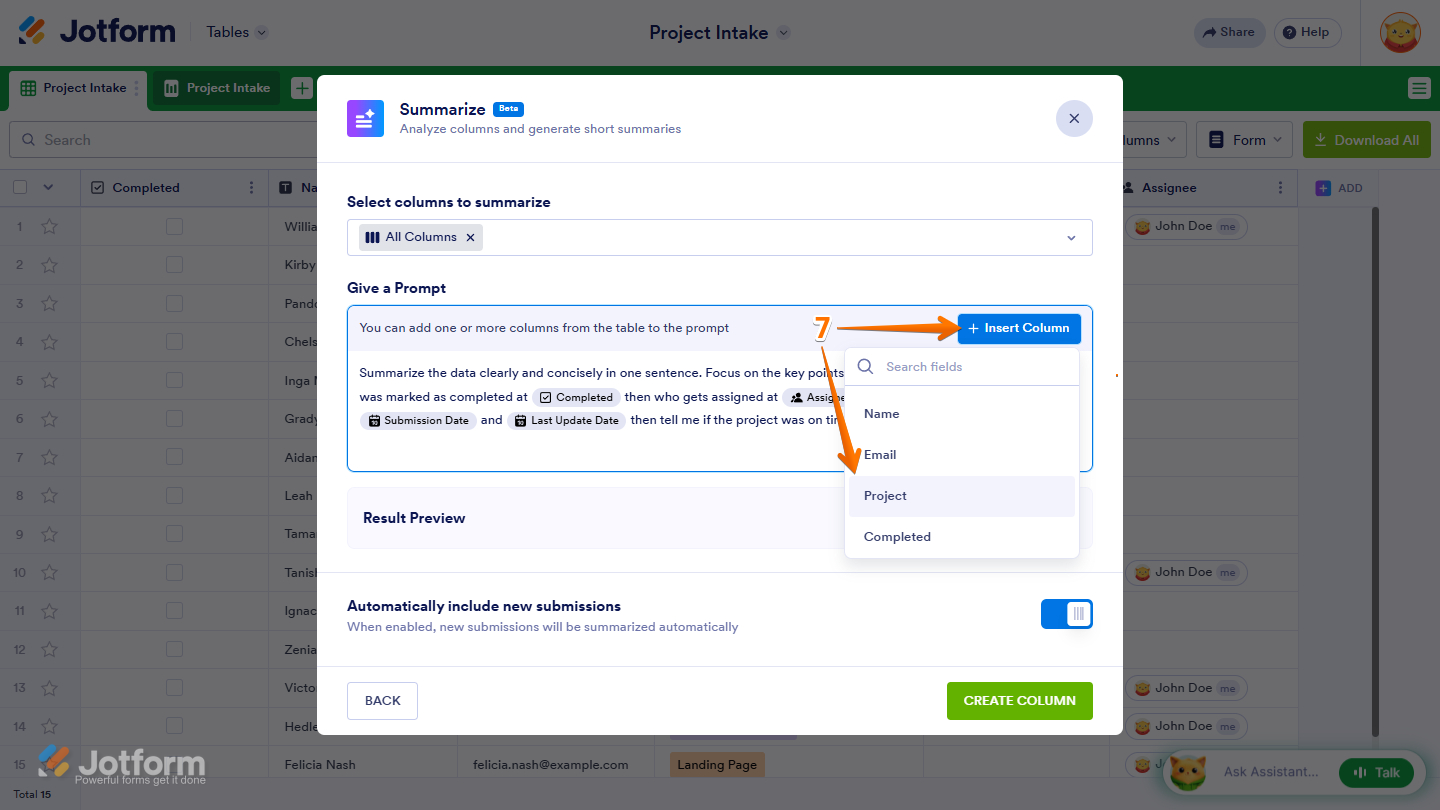 Insert Column button in the Summarize AI Column settings