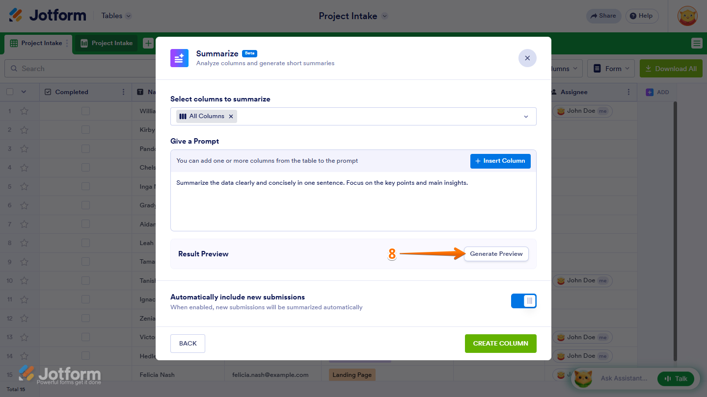 Generate Preview button in the Summarize AI Column settings