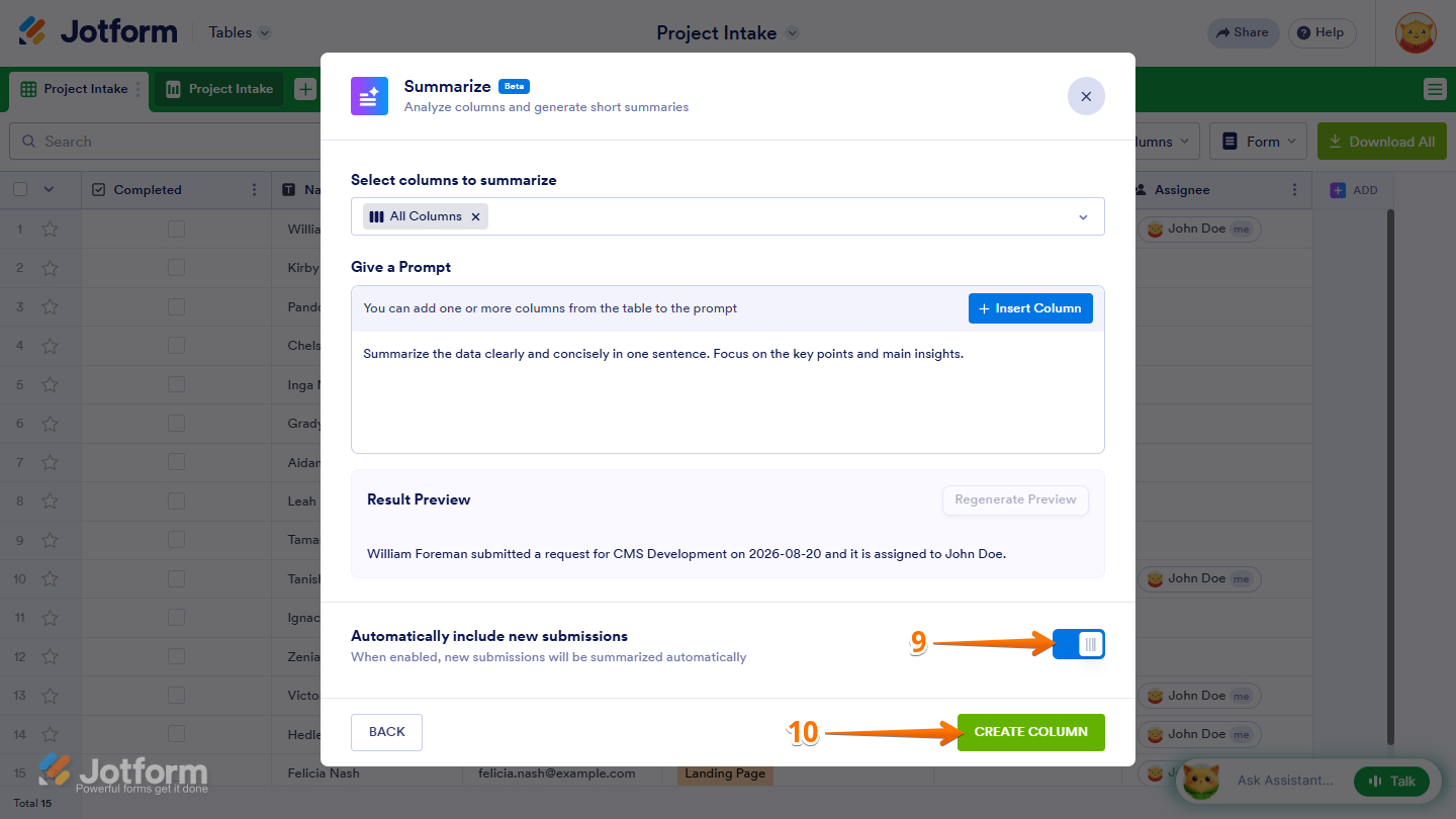 Automatically Include New Submissions option and Create Column button in the Summarize AI Column settings