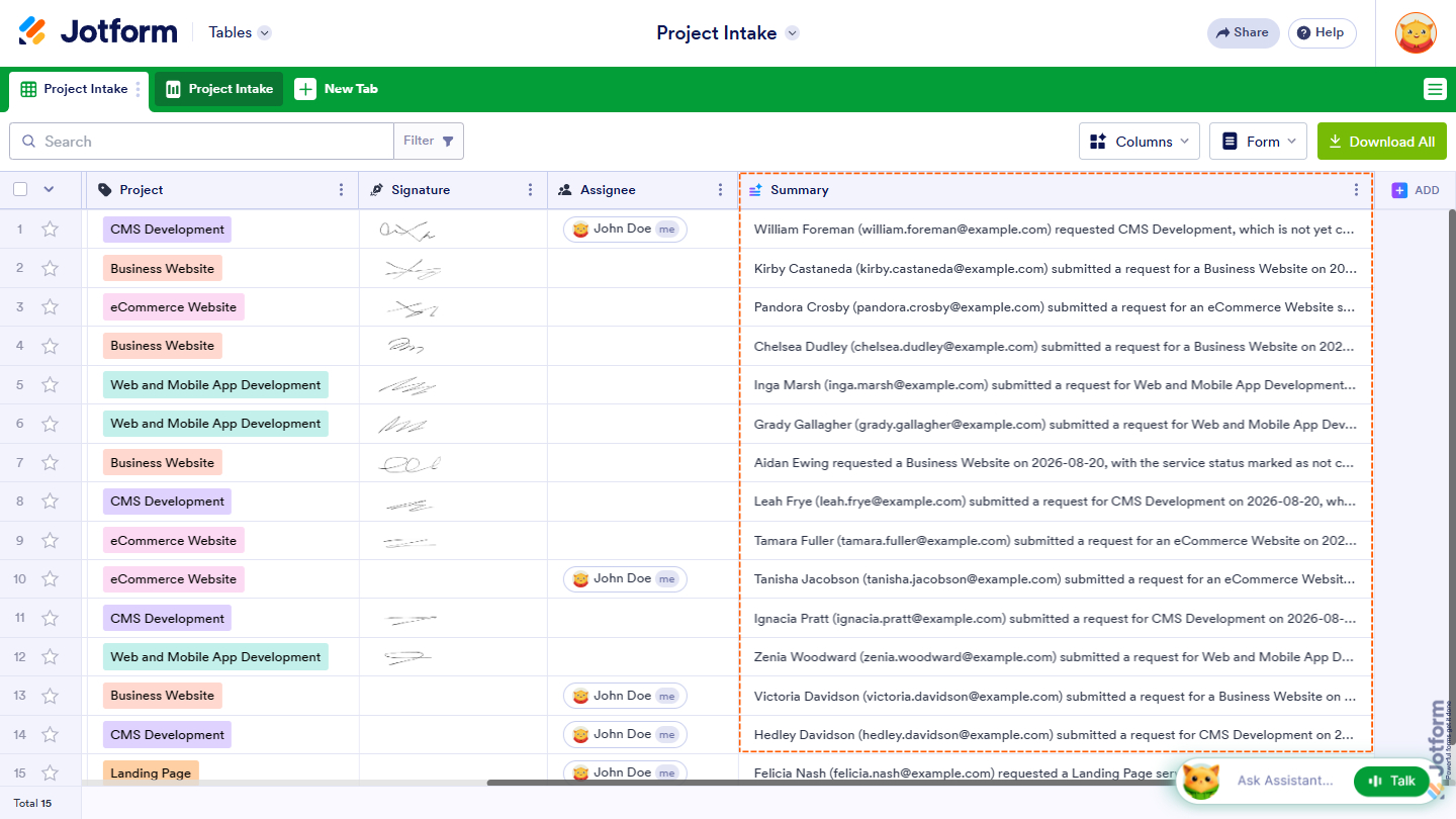 Summary Column added in Jotform Tables