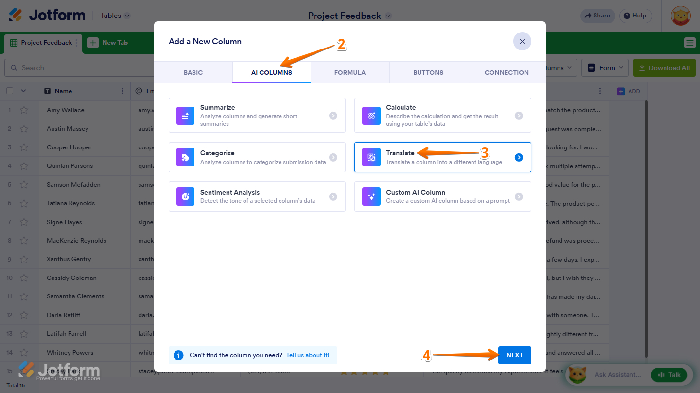 Translate option in the Add a New Column in Jotform Tables