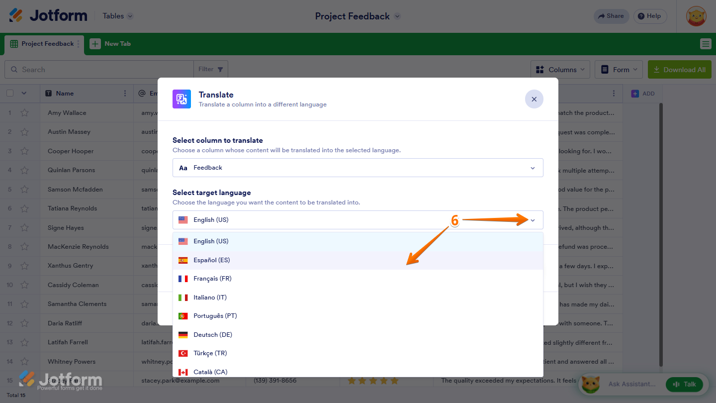 Select target language dropdown menu in the Translate AI Column settings