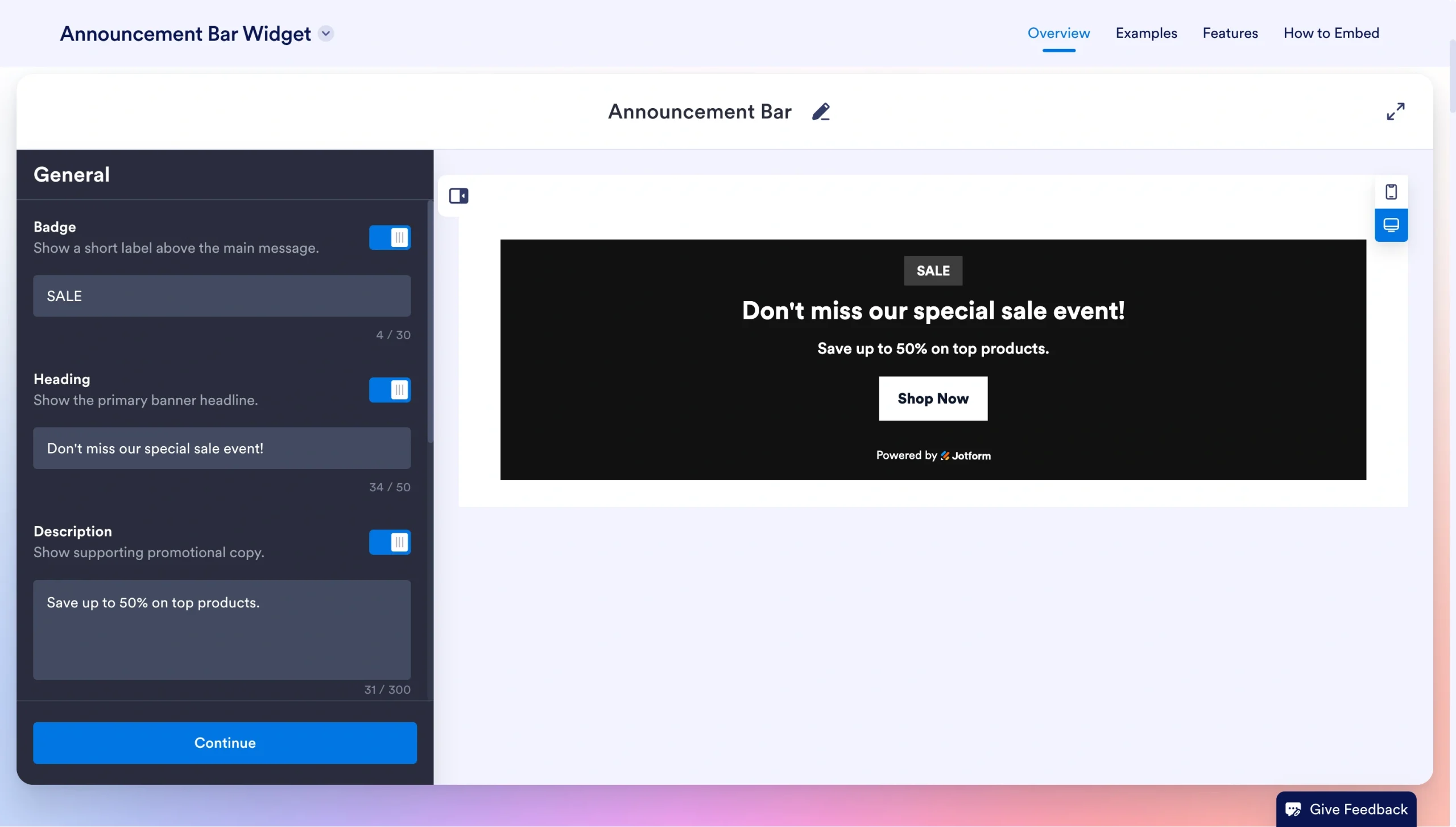 Jotform Announcement Bar Widget editor with a black promotional banner preview reading “Don’t miss our special sale event!”