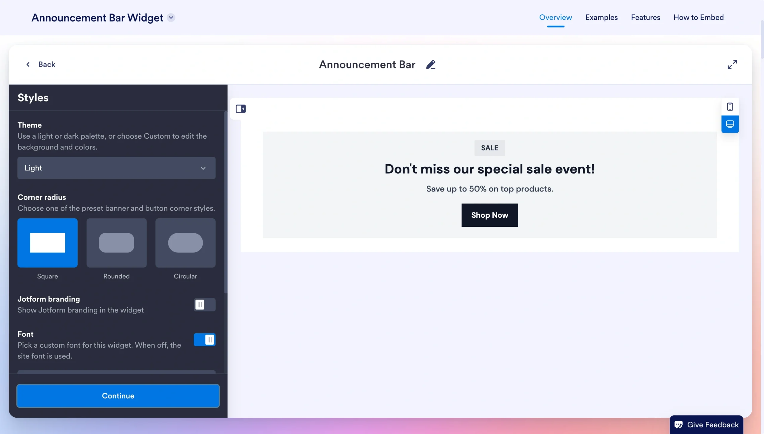 Jotform widget editor showing layout and general settings alongside a promotional announcement bar preview