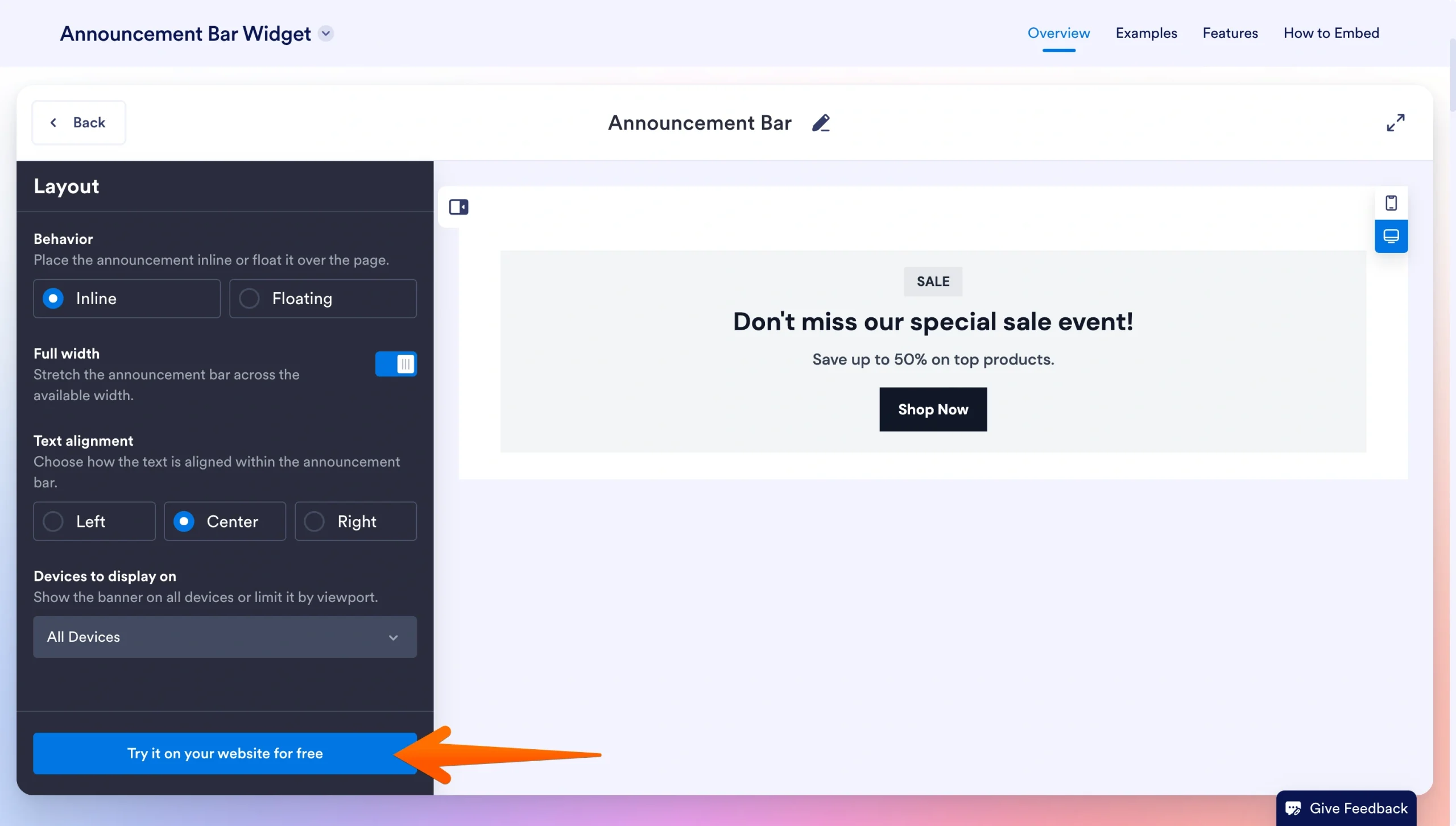 Jotform widget style settings showing color, font, and button customization options for the announcement bar