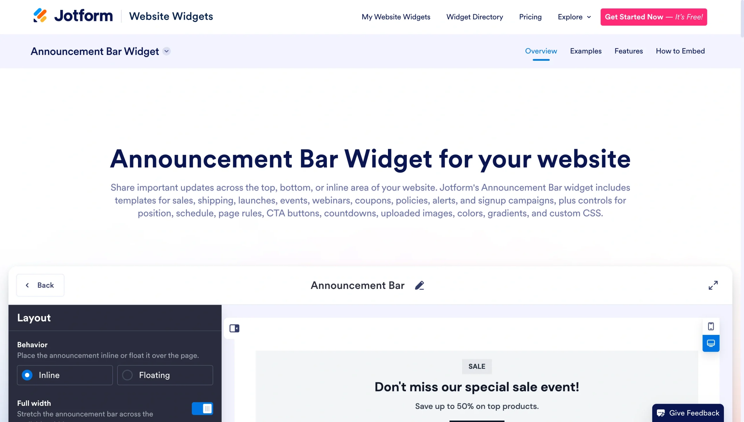 Jotform Announcement Bar Widget page showing a customizable promotional banner for a website
