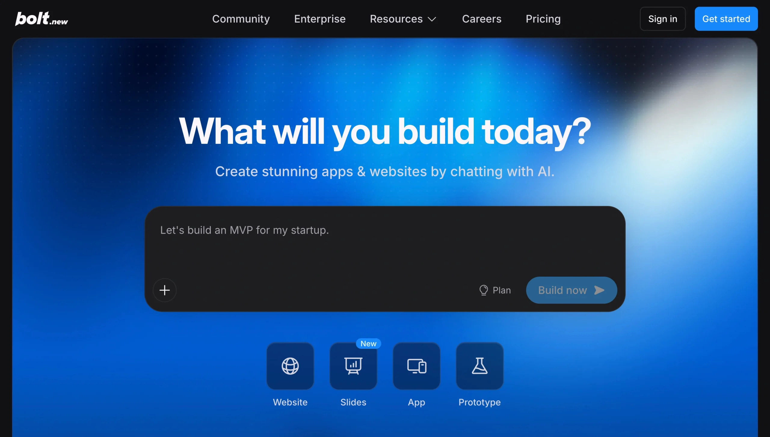 Screenshot of the Bolt landing page, showing a headline "What will you build today?"