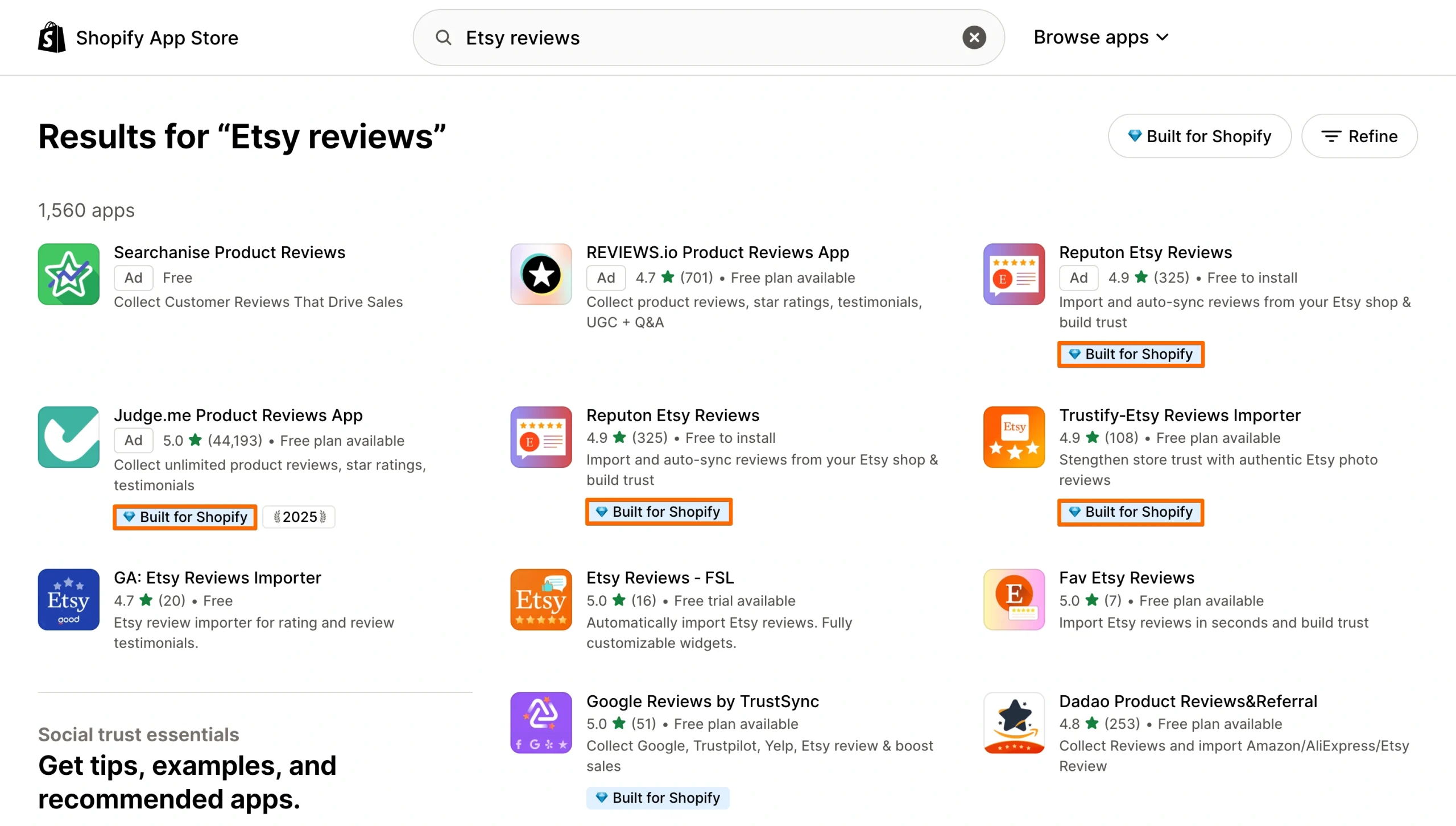 Shopify App Store results showing Etsy review importer apps and Built for Shopify badges