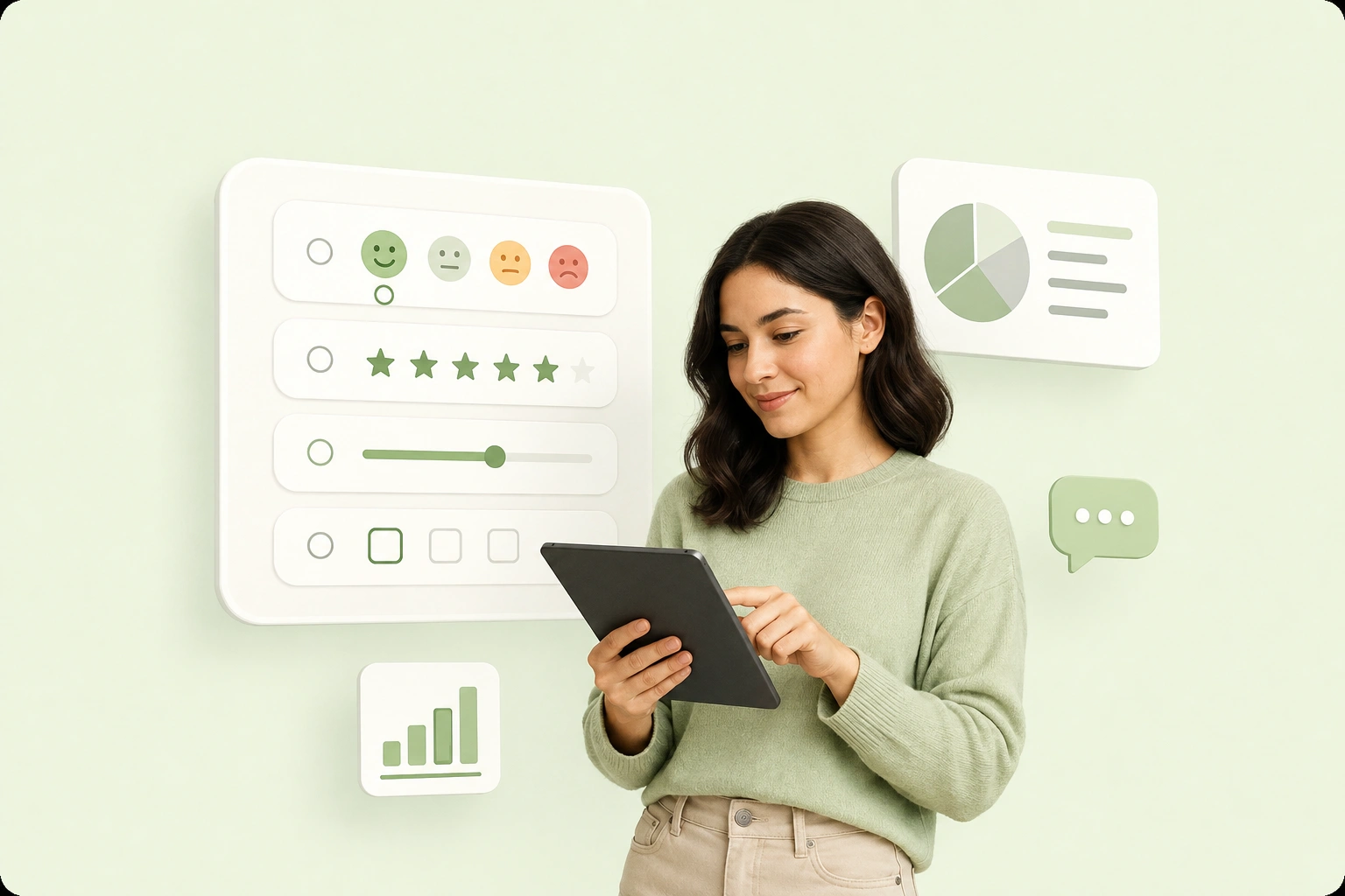 Woman using a tablet beside customer survey fields, rating icons, and feedback charts on a soft green background.