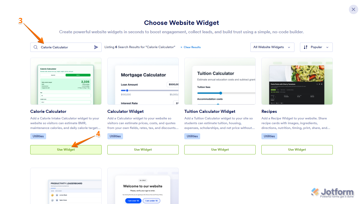 Calorie Calculator in the Choose Website Widget window