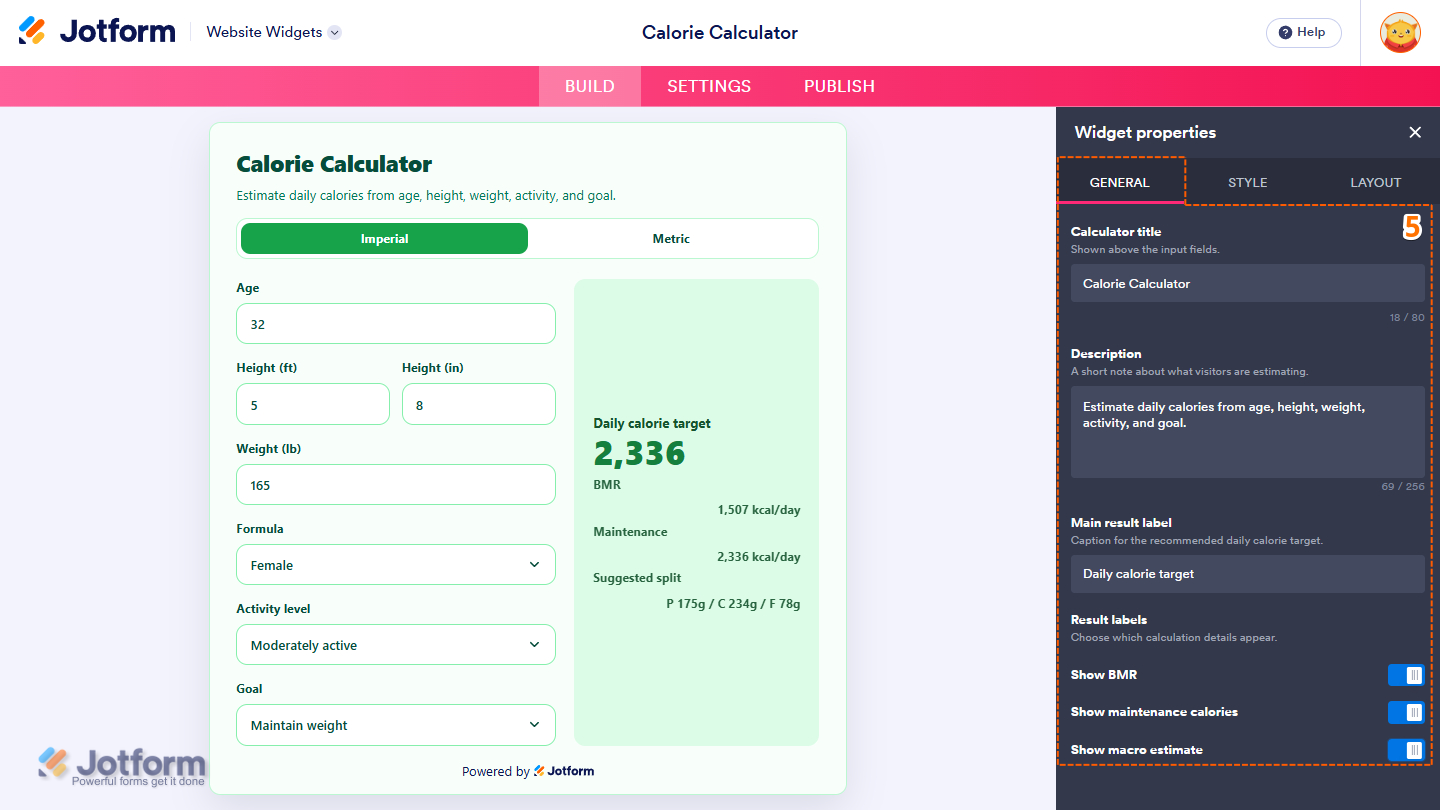 General tab of the Calorie Calculator Widget properties menu