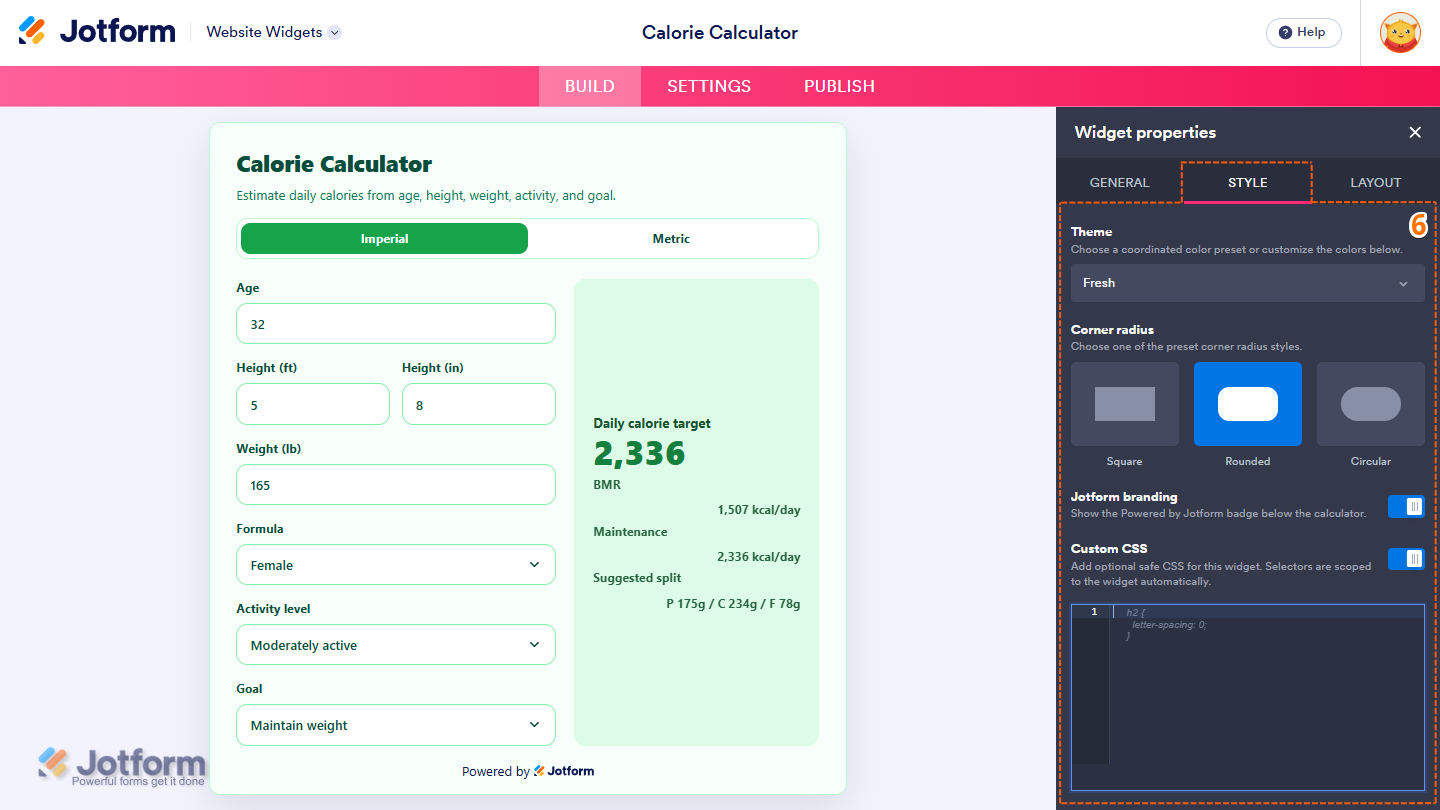 Style tab of the Calorie Calculator Widget properties menu