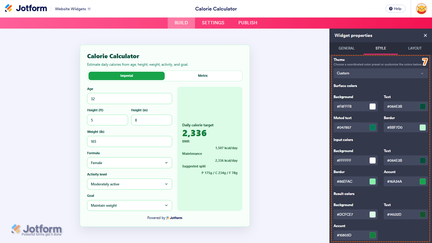Style tab of the Calorie Calculator Widget properties menu