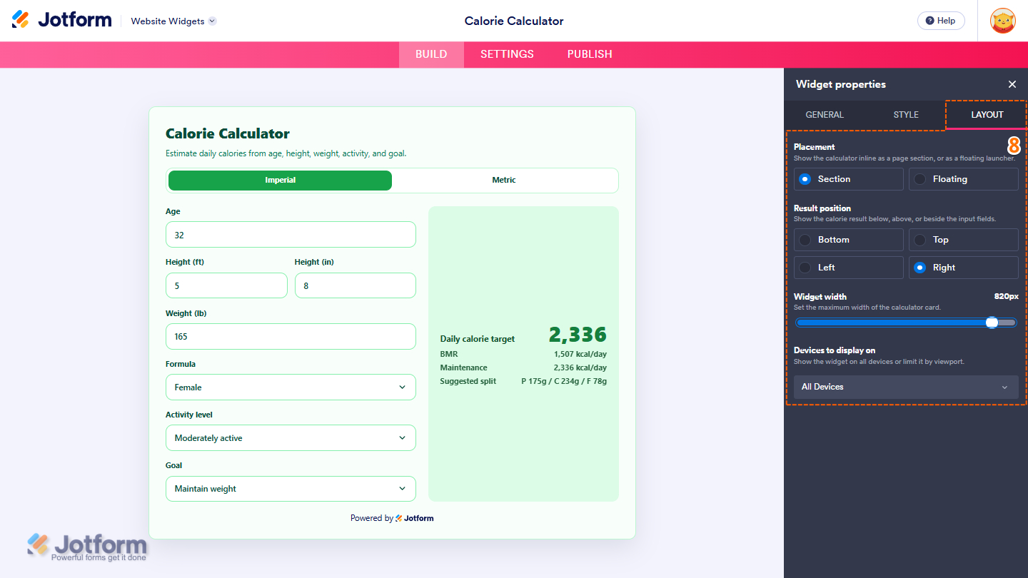 Layout tab of the Calorie Calculator Widget properties menu