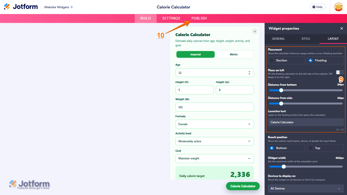 Layout tab of the Calorie Calculator Widget properties menu
