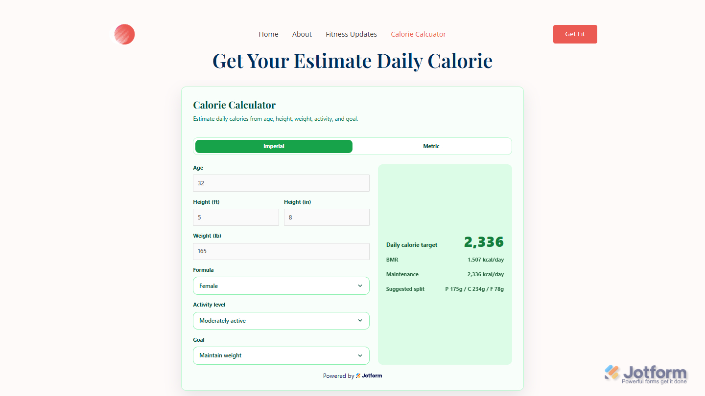 Jotform's Calorie Calculator widget example