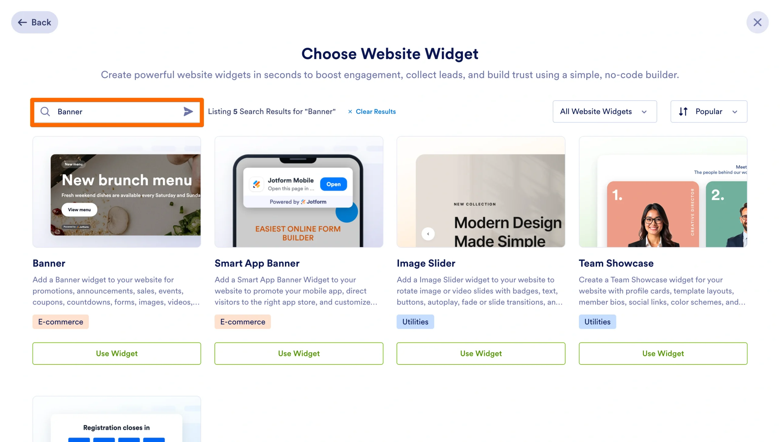 Banner search results in Jotform’s Website Widgets directory