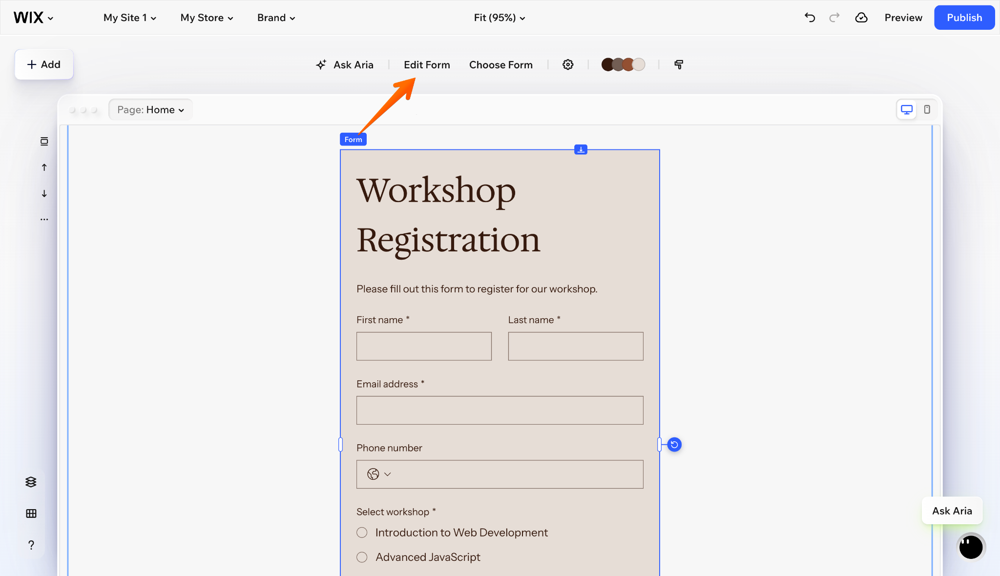 Wix Editor displaying a workshop registration form with the Edit Form option highlighted