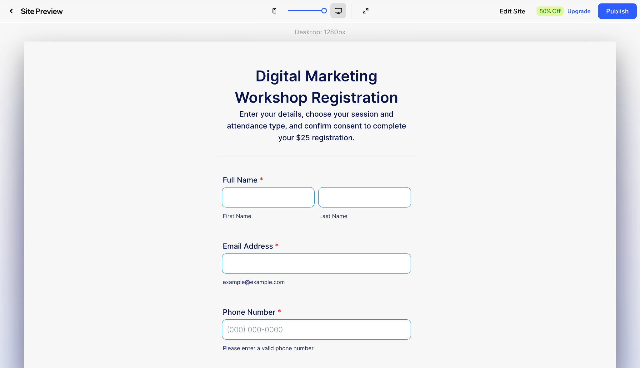 Wix site preview displaying a digital marketing workshop registration form with contact fields