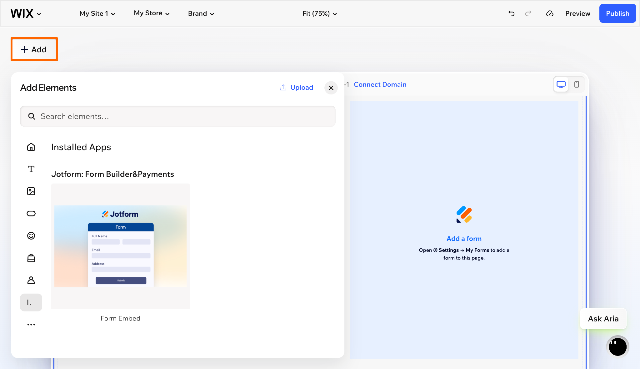 Wix Editor Installed Apps panel showing the Jotform form embed element